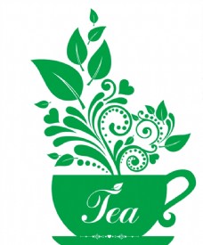 绿背景茶叶花纹茶壶绿茶