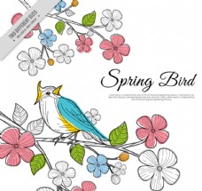春姿创意春季花枝上的彩色小鸟