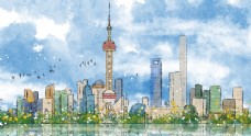 上海城市上海地标建筑城市插画卡通背景