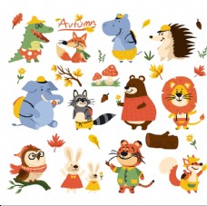 朵拉卡通13款卡通秋季动物设计矢量