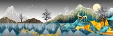 欧式景墙新中式山水飘带丝绸麋鹿装饰画