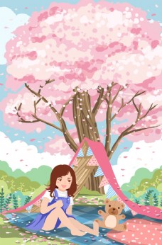 女人夏季人物女性樱花树插画素材