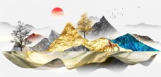 欧式景墙新中式金色山水山峰麋鹿装饰画
