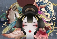 卡通女性日式浮世绘人物女性插画卡通素材