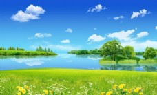 景观设计蓝天白云湖泊草地