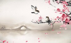鸟语花香湖景水墨画