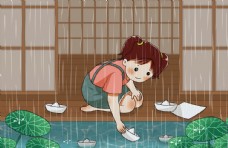 女人人物女孩下雨插画卡通背景素材