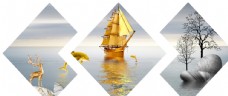 新风尚新中式大海水帆船石头麋鹿装饰画