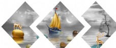 餐厅新中式大海帆船天空月亮装饰画