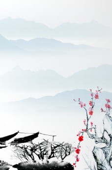 海景中国风水墨画海报背景展板