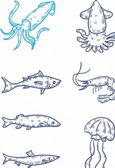鱿鱼海鲜鱼矢量文件简笔画