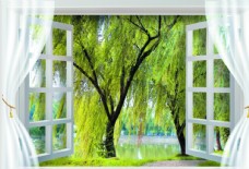 山水3D假窗风景柳树装饰画