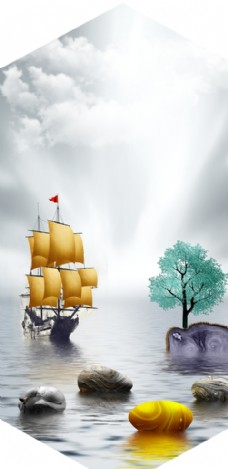 卧室装修新中式帆船石头风景装饰画