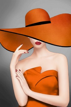 女装新中式美女人物性感橙色装饰画