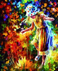 散步油画采花的女人彩色
