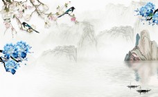 牡丹新中式山水水墨画背景墙