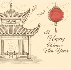 中国新年新年中国风古建筑矢量线描