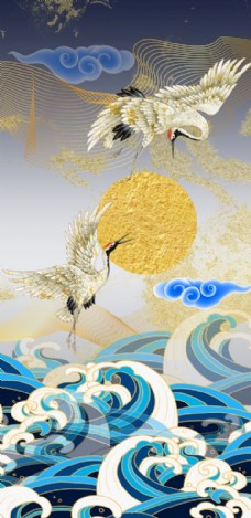 沙发背景墙中国风祥云仙鹤金色海浪装饰画