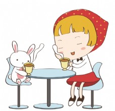孩子卡通人物兔子与女孩