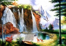 瀑布山水油画装饰画山水画瀑布小鹿风景画