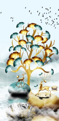 抽象画银杏叶抽象麋鹿风景装饰画
