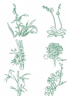 绿背景梅兰竹菊植物线稿