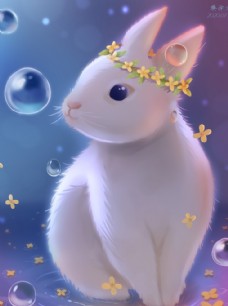 梦幻戴花环的兔子插画图片