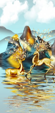 水晶画麋鹿装饰画图片