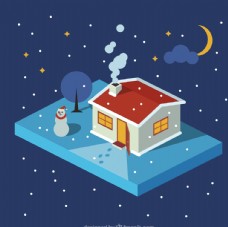 
                    冬季夜晚房屋和雪人图片
