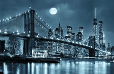 城市夜景城市吊桥夜景明月当空装饰图图片