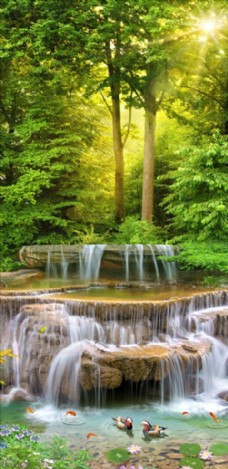 瀑布山水山水画树林瀑布装饰画图片