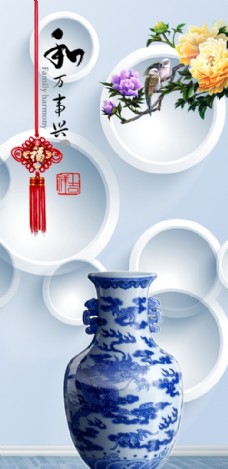 牡丹青花瓷装饰画图片