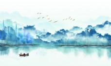 
                    寒江行船水墨山水风景装饰画图片
