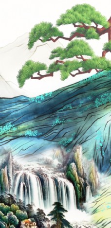 山水古风水彩墙画壁画素材图片