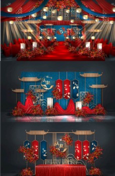 欧美红蓝色新中式撞色婚礼效果图图片