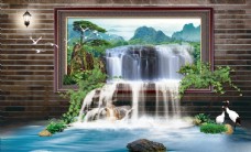 水珠素材高山流水瀑布迎客松背景墙图片